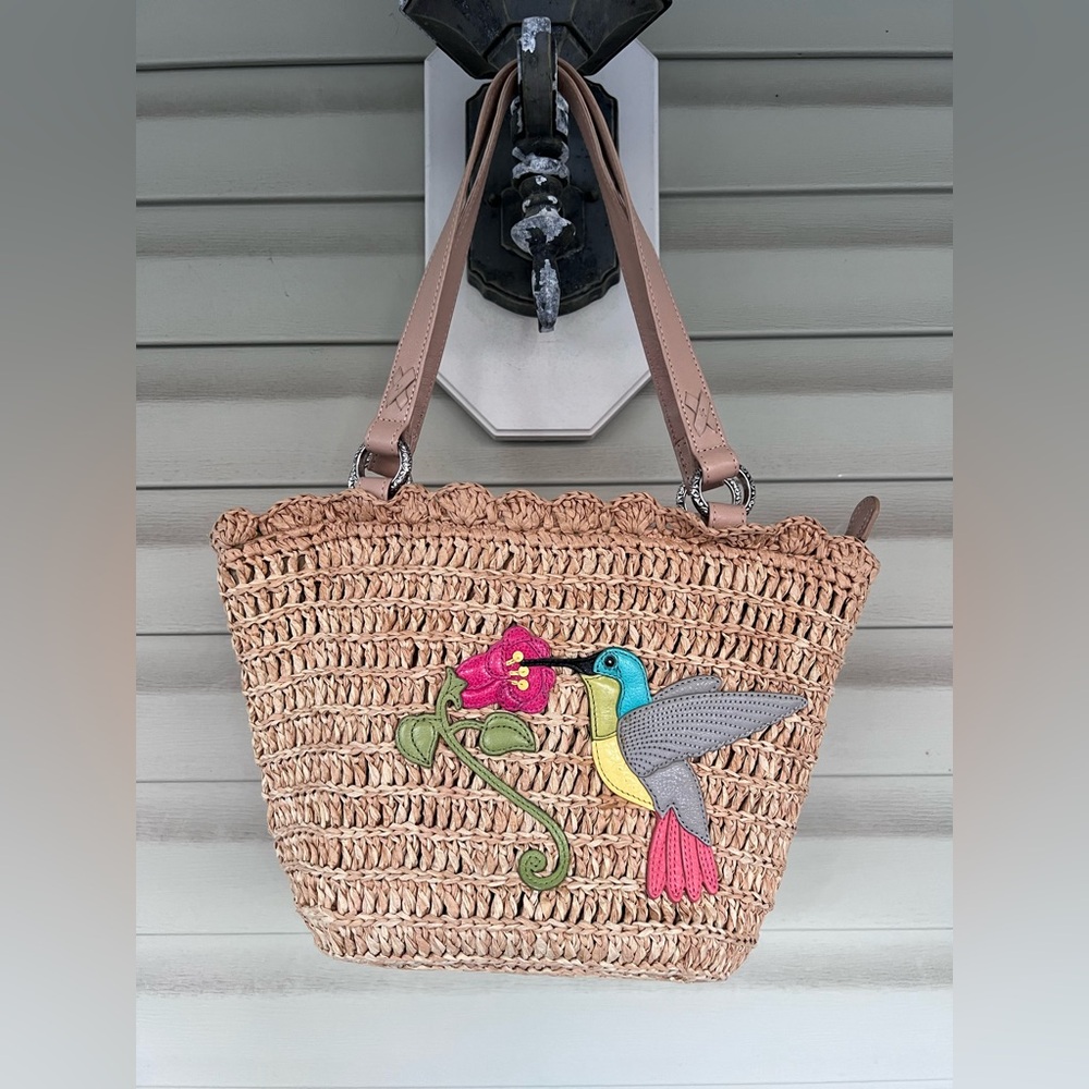 Brighton Raw Straw Purse w Hummingbird Leather Appliqué Original White Dust Bag